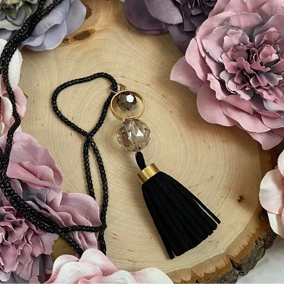 Chic Clear Sphere Long Black and Gold Tassel Necklace - Picture 7 of 11